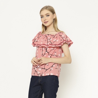 Sabrina Sakura - Blouse Lengan Pendek - Atasan Wanita Off Shoulder Pink Motif Bunga PB43/PB44
