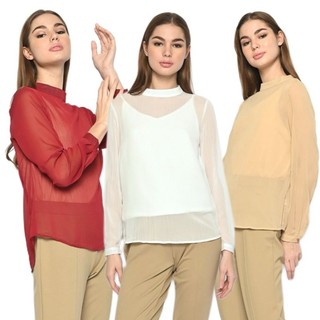 Merah Putih Krem Serat - Blouse Lengan Panjang - Big Size Ada - Polos - Kerah Bulat - Round Neck - Bahan Sifon PB72/PB8
